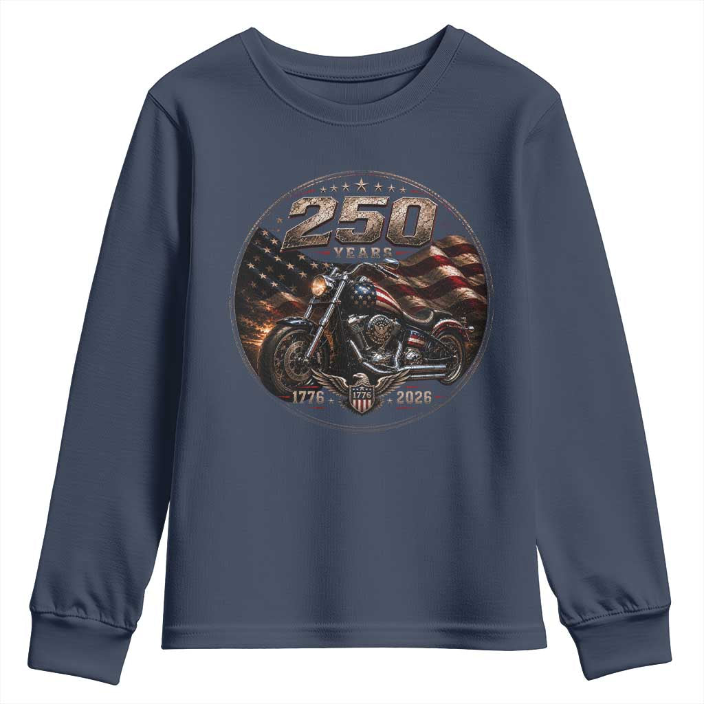 Retro Biker USA 250th Anniversary Youth Sweatshirt Vintage 250 Years 1776 2026 Patriotic Motorcycle American Flag