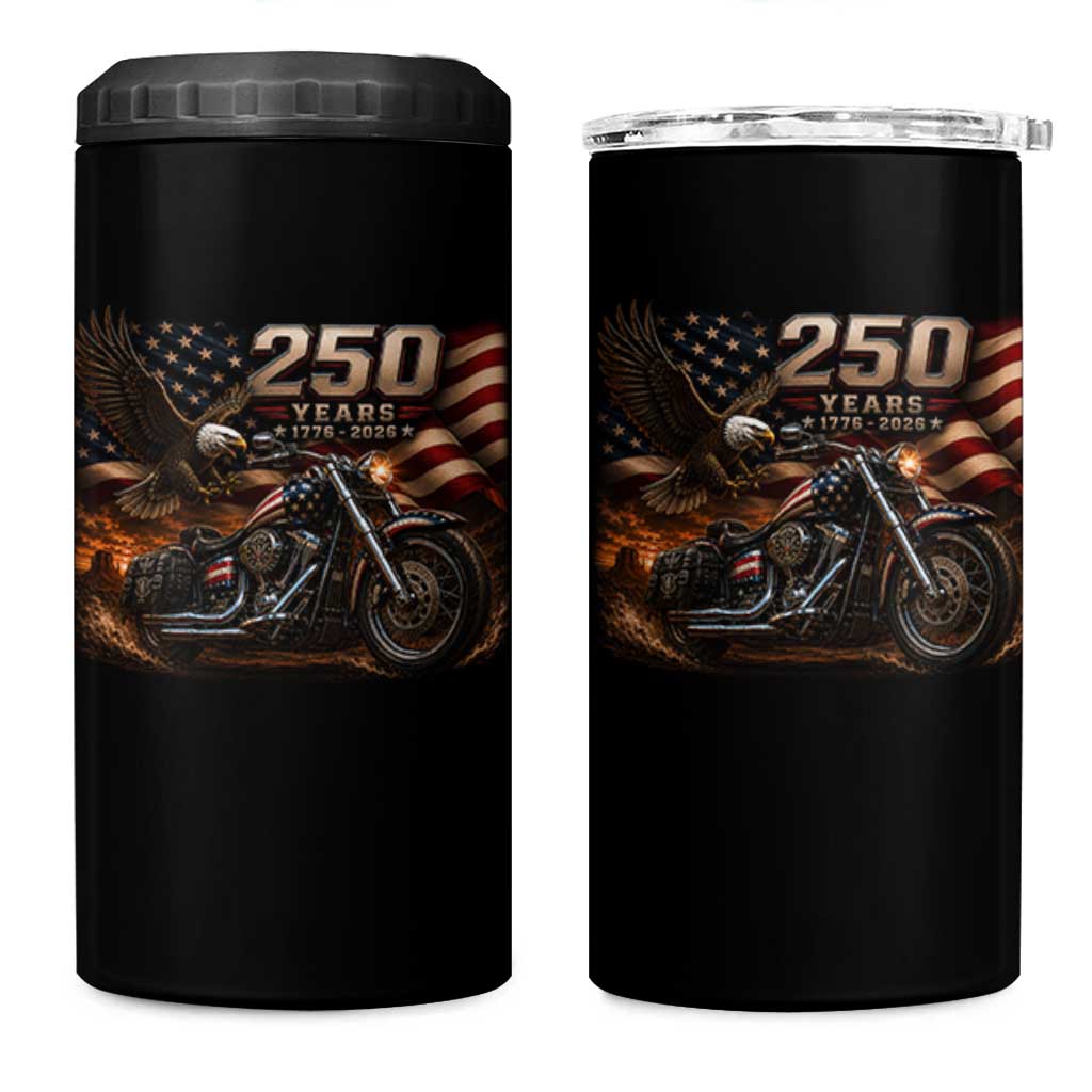 Retro Biker USA 250th Anniversary 4 in 1 Can Cooler Tumbler American Flag Motorcycle Eagle Independence Day