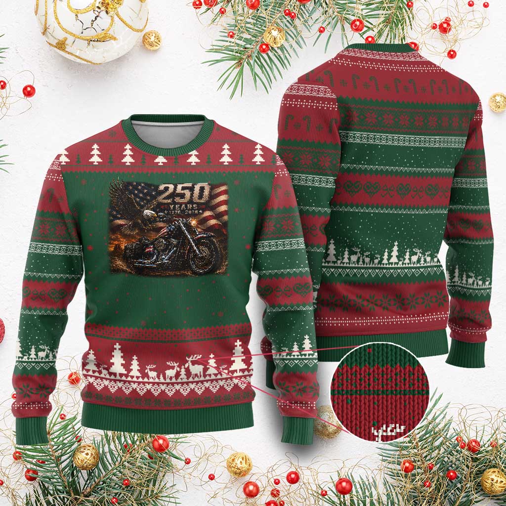 Retro Biker USA 250th Anniversary Ugly Christmas Sweater American Flag Motorcycle Eagle Independence Day