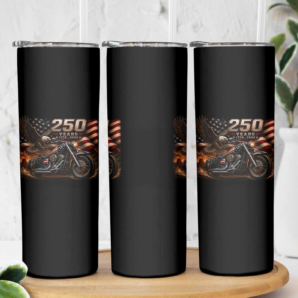 Retro Biker USA 250th Anniversary Skinny Tumbler American Flag Motorcycle Eagle Independence Day