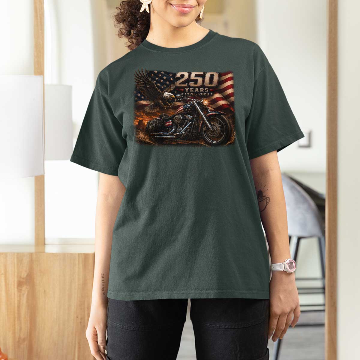 Retro Biker USA 250th Anniversary T Shirt For Women American Flag Motorcycle Eagle Independence Day