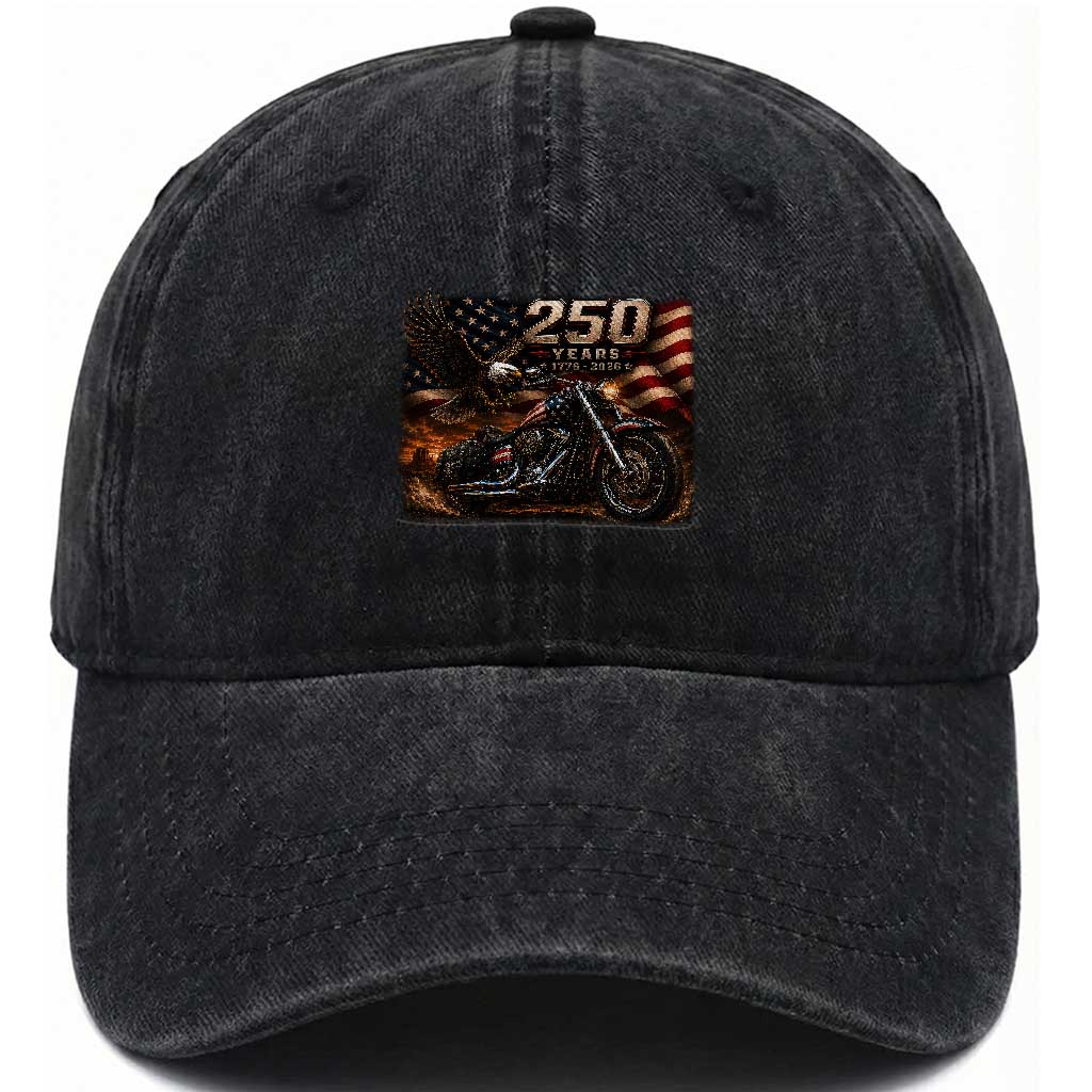 Retro Biker USA 250th Anniversary Washed Cotton Baseball Cap American Flag Motorcycle Eagle Independence Day