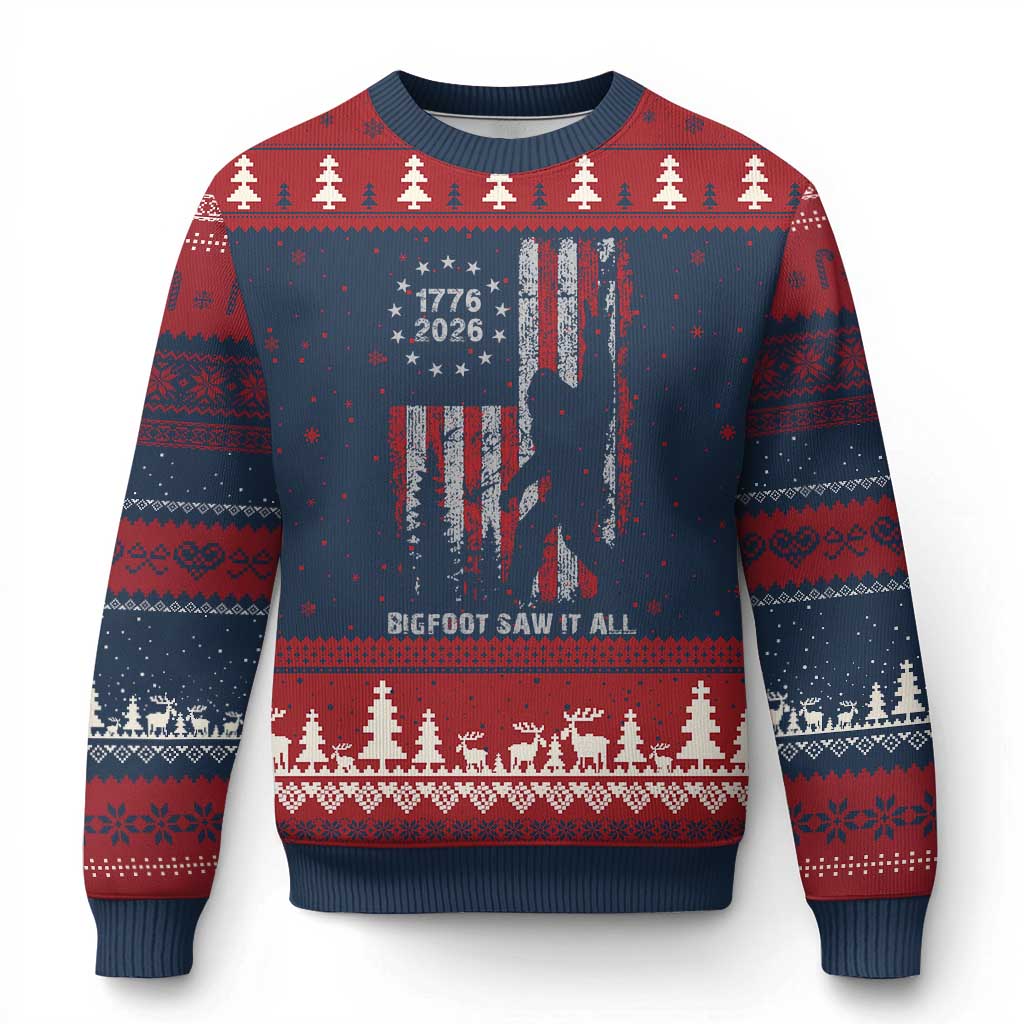 Bigfoot Sasquatch USA 250th Anniversary Ugly Christmas Sweater Retro Bigfoot Saw It All 250 Years 1776 2026 4th of July