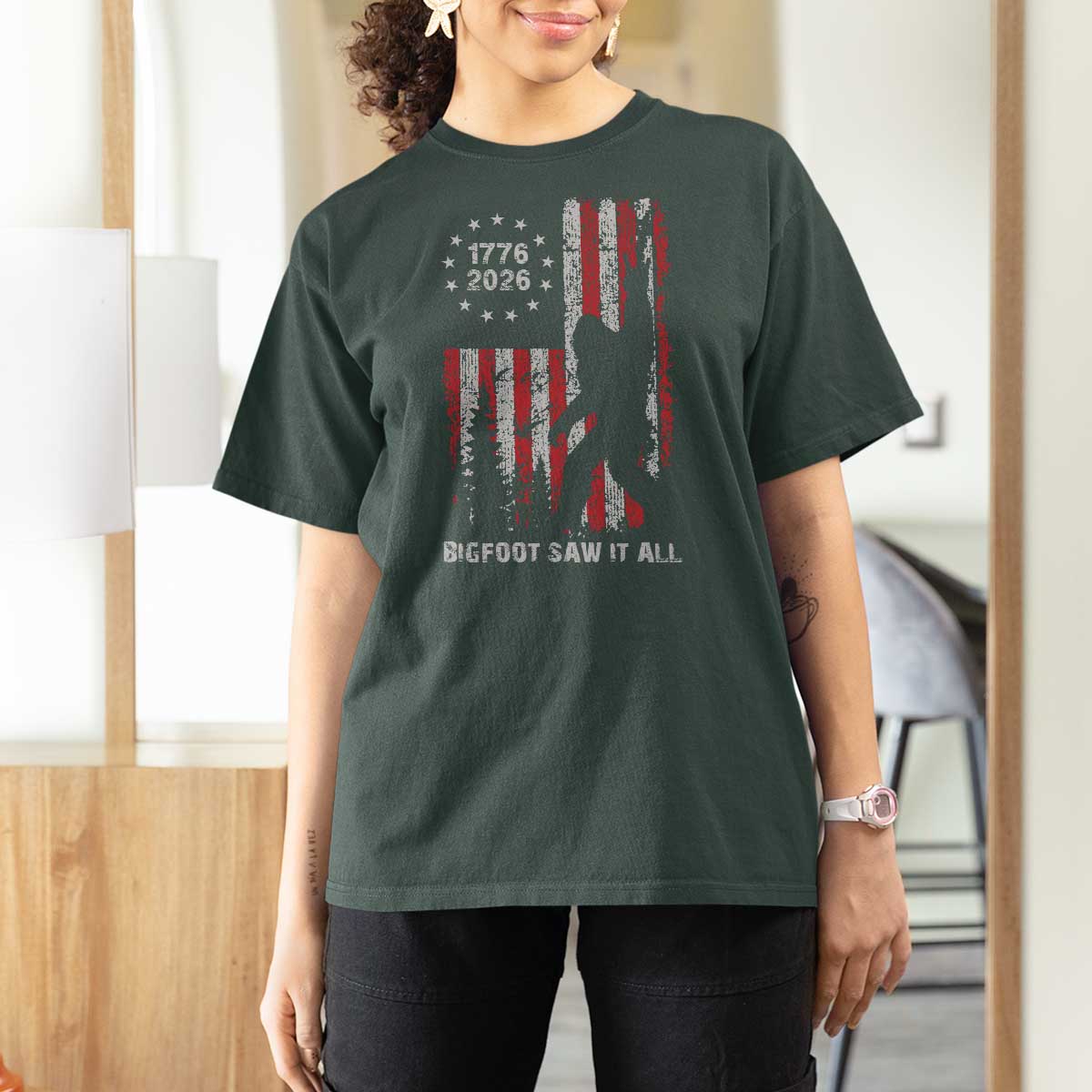 Bigfoot Sasquatch USA 250th Anniversary T Shirt For Women Retro Bigfoot Saw It All 250 Years 1776 2026 4th of July