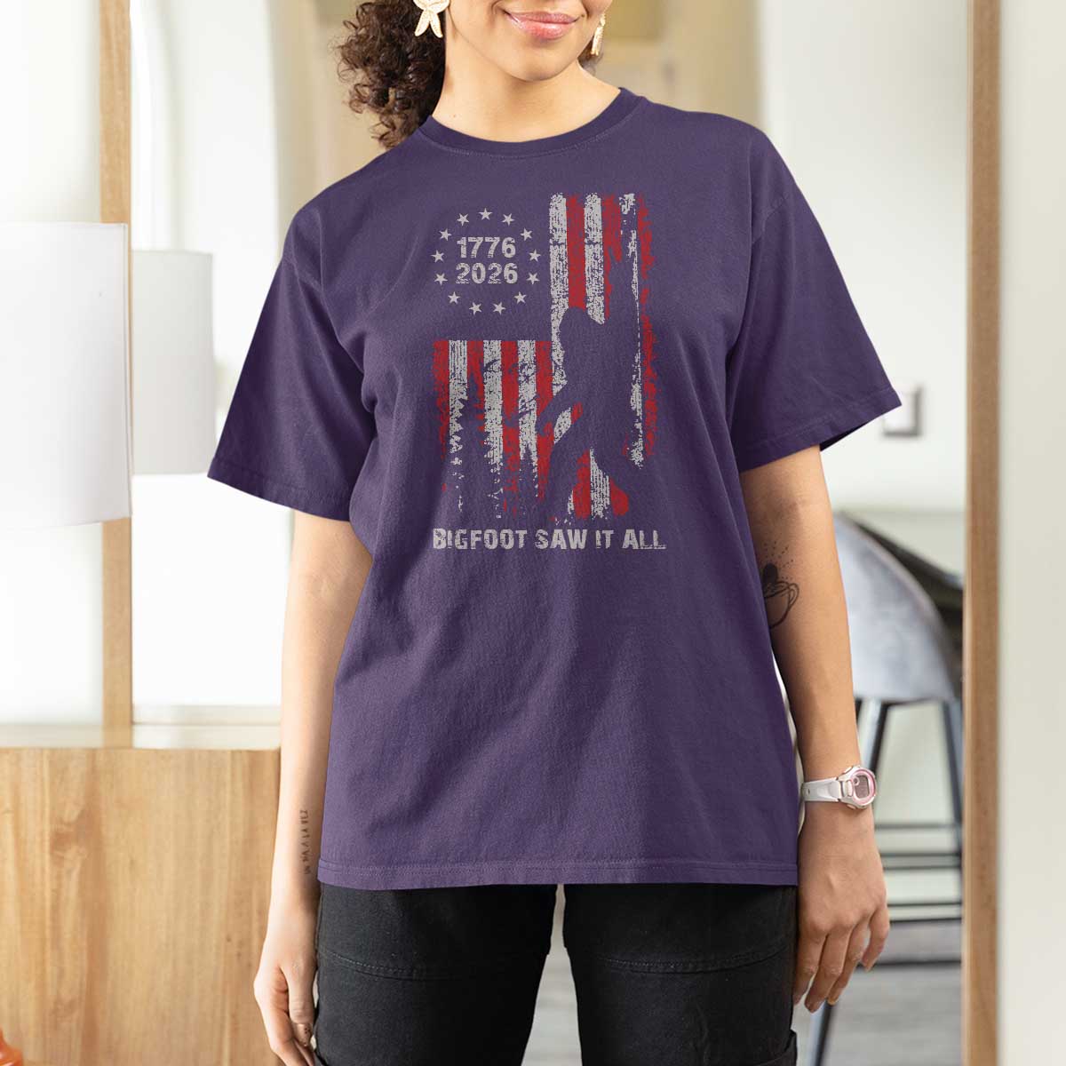 Bigfoot Sasquatch USA 250th Anniversary T Shirt For Women Retro Bigfoot Saw It All 250 Years 1776 2026 4th of July