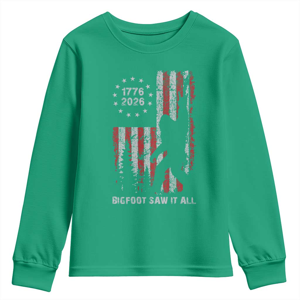 Bigfoot Sasquatch USA 250th Anniversary Youth Sweatshirt Retro Bigfoot Saw It All 250 Years 1776 2026 4th of July