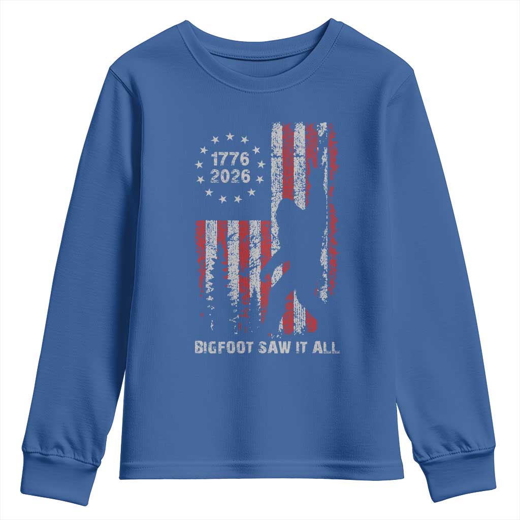 Bigfoot Sasquatch USA 250th Anniversary Youth Sweatshirt Retro Bigfoot Saw It All 250 Years 1776 2026 4th of July