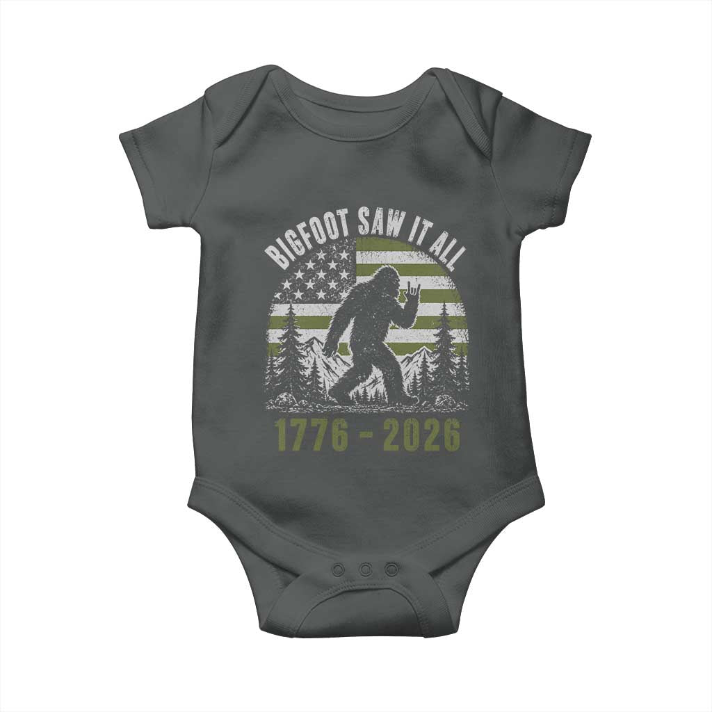 Retro Bigfoot Saw It All USA 250th Anniversary Baby Onesie 250 Years 1776 2026 4th of July Sasquatch Flag
