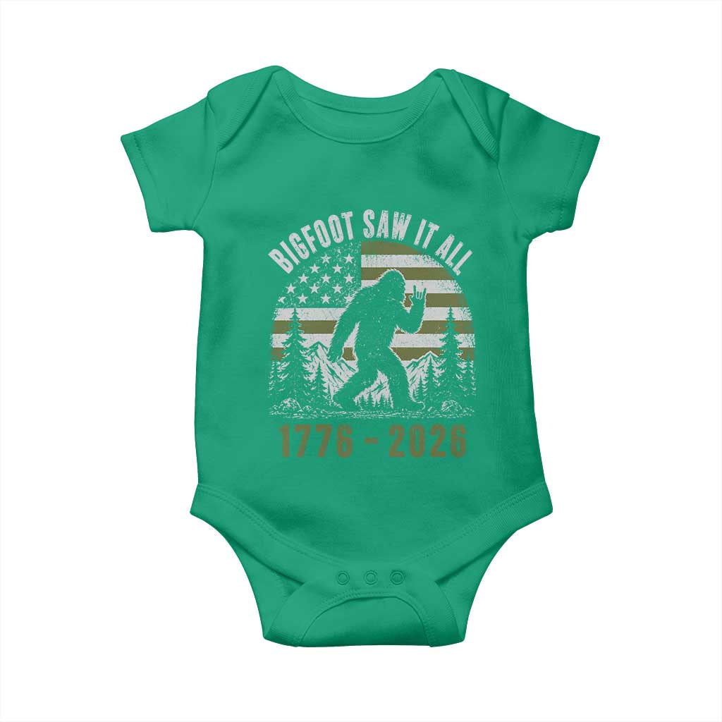 Retro Bigfoot Saw It All USA 250th Anniversary Baby Onesie 250 Years 1776 2026 4th of July Sasquatch Flag