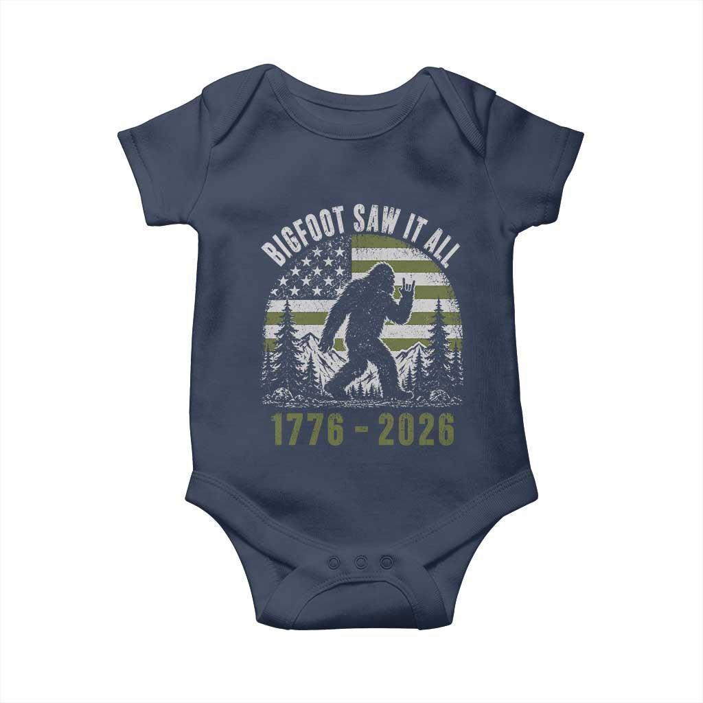 Retro Bigfoot Saw It All USA 250th Anniversary Baby Onesie 250 Years 1776 2026 4th of July Sasquatch Flag