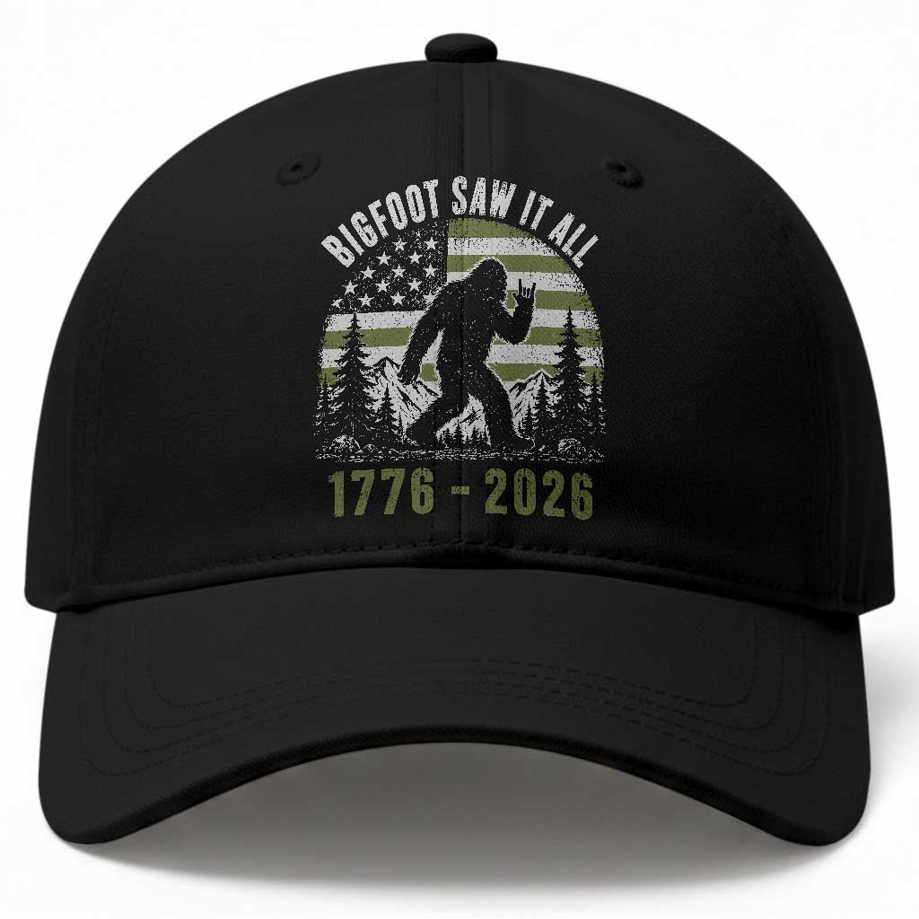Retro Bigfoot Saw It All USA 250th Anniversary Baseball Cap 250 Years 1776 2026 4th of July Sasquatch Flag