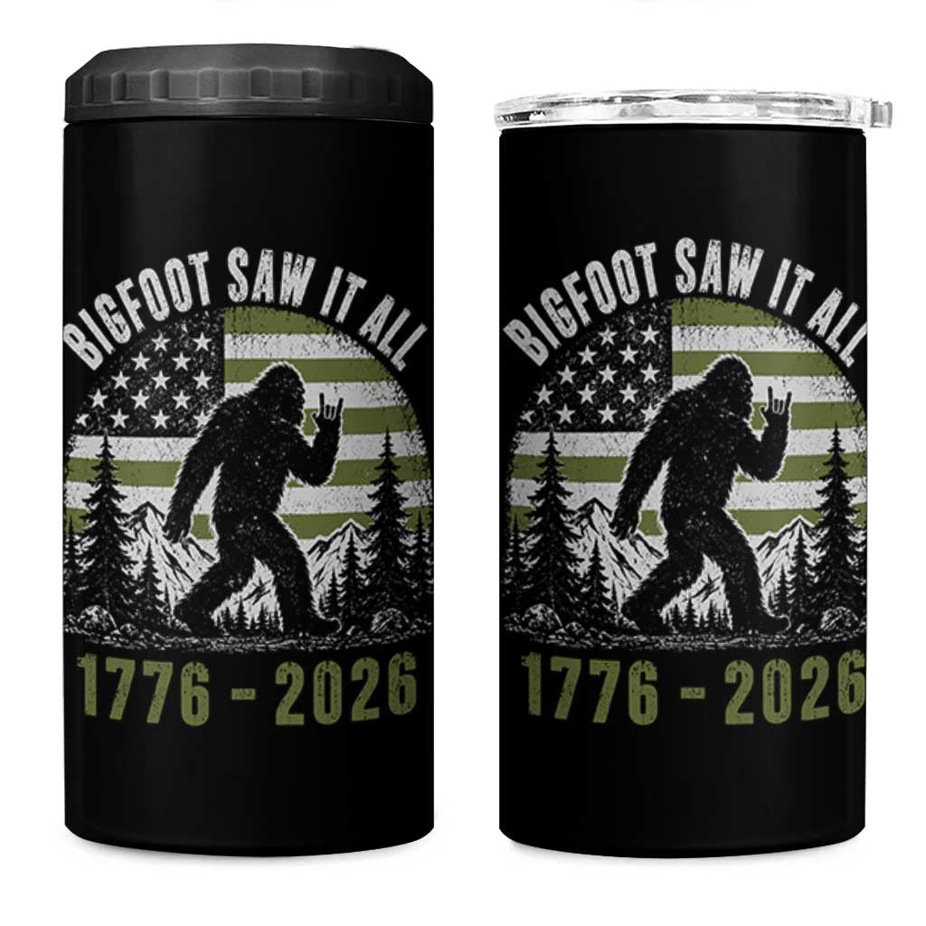 Retro Bigfoot Saw It All USA 250th Anniversary 4 in 1 Can Cooler Tumbler 250 Years 1776 2026 4th of July Sasquatch Flag