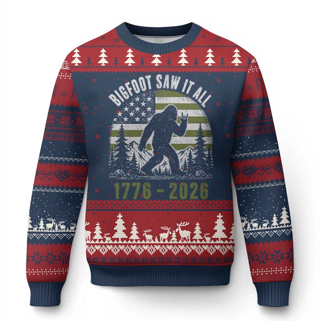 Retro Bigfoot Saw It All USA 250th Anniversary Ugly Christmas Sweater 250 Years 1776 2026 4th of July Sasquatch Flag