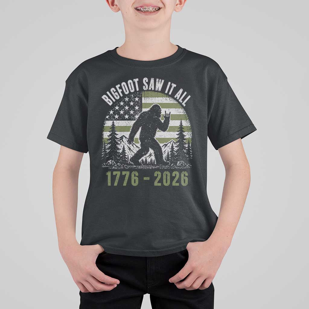 Retro Bigfoot Saw It All USA 250th Anniversary T Shirt For Kid 250 Years 1776 2026 4th of July Sasquatch Flag