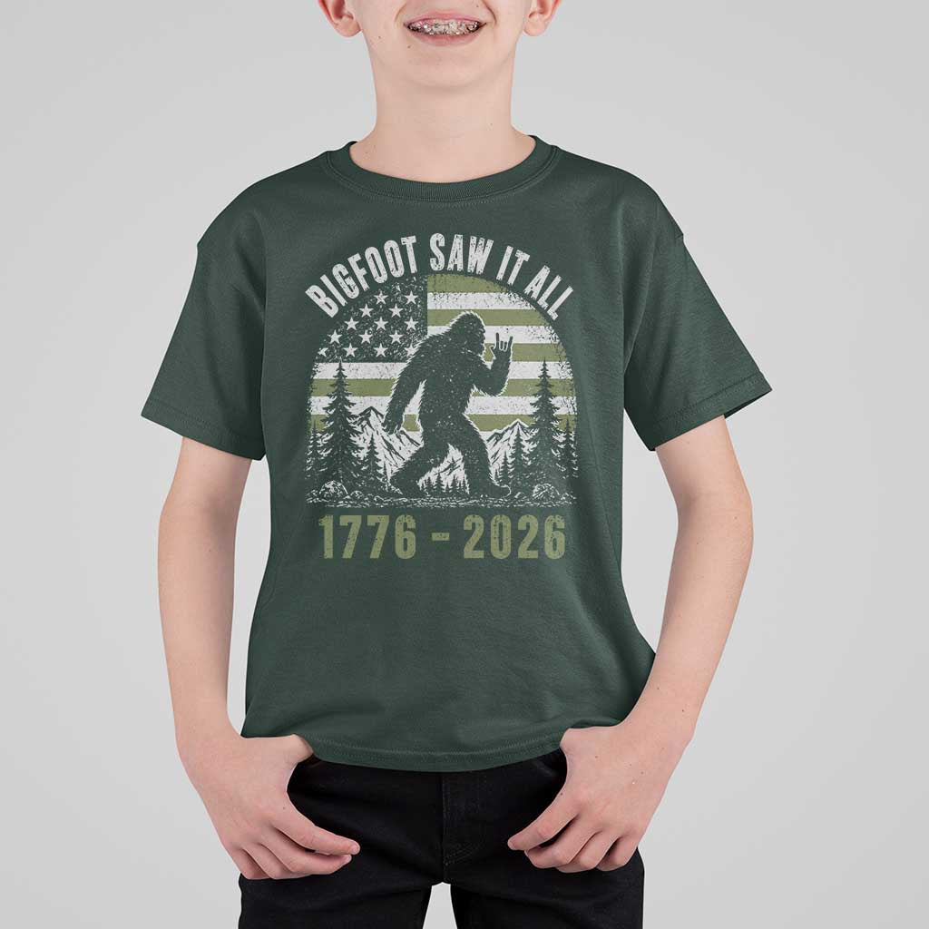 Retro Bigfoot Saw It All USA 250th Anniversary T Shirt For Kid 250 Years 1776 2026 4th of July Sasquatch Flag
