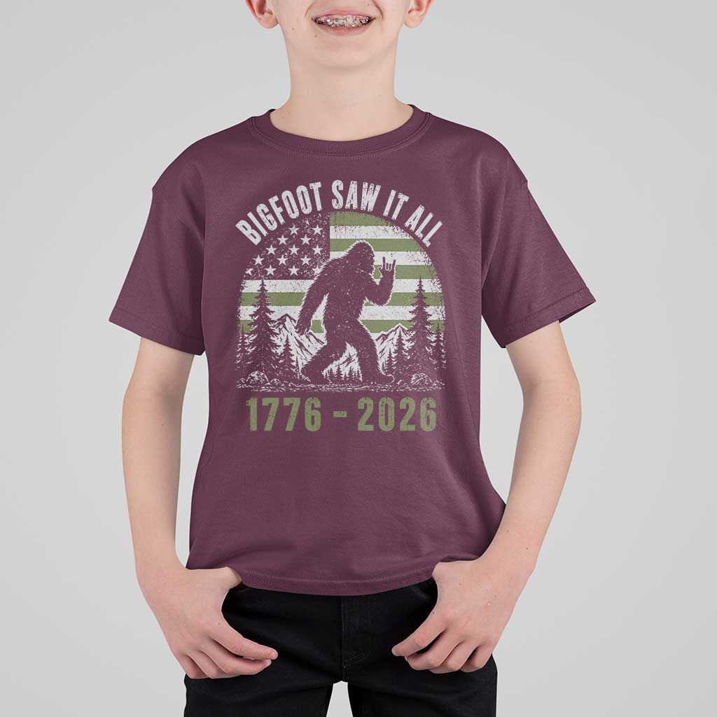 Retro Bigfoot Saw It All USA 250th Anniversary T Shirt For Kid 250 Years 1776 2026 4th of July Sasquatch Flag