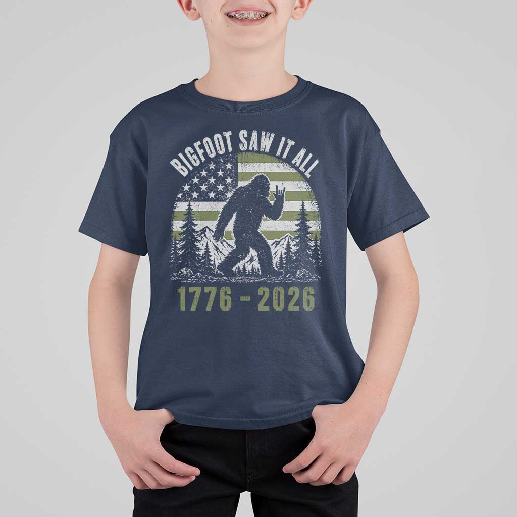 Retro Bigfoot Saw It All USA 250th Anniversary T Shirt For Kid 250 Years 1776 2026 4th of July Sasquatch Flag
