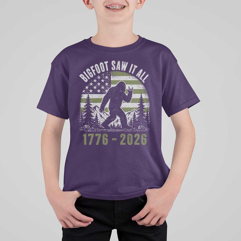 Retro Bigfoot Saw It All USA 250th Anniversary T Shirt For Kid 250 Years 1776 2026 4th of July Sasquatch Flag