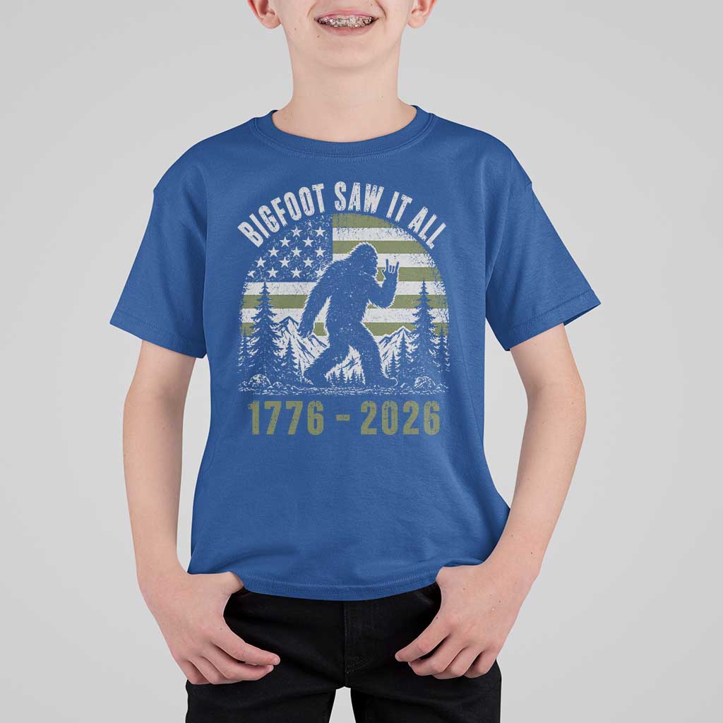 Retro Bigfoot Saw It All USA 250th Anniversary T Shirt For Kid 250 Years 1776 2026 4th of July Sasquatch Flag