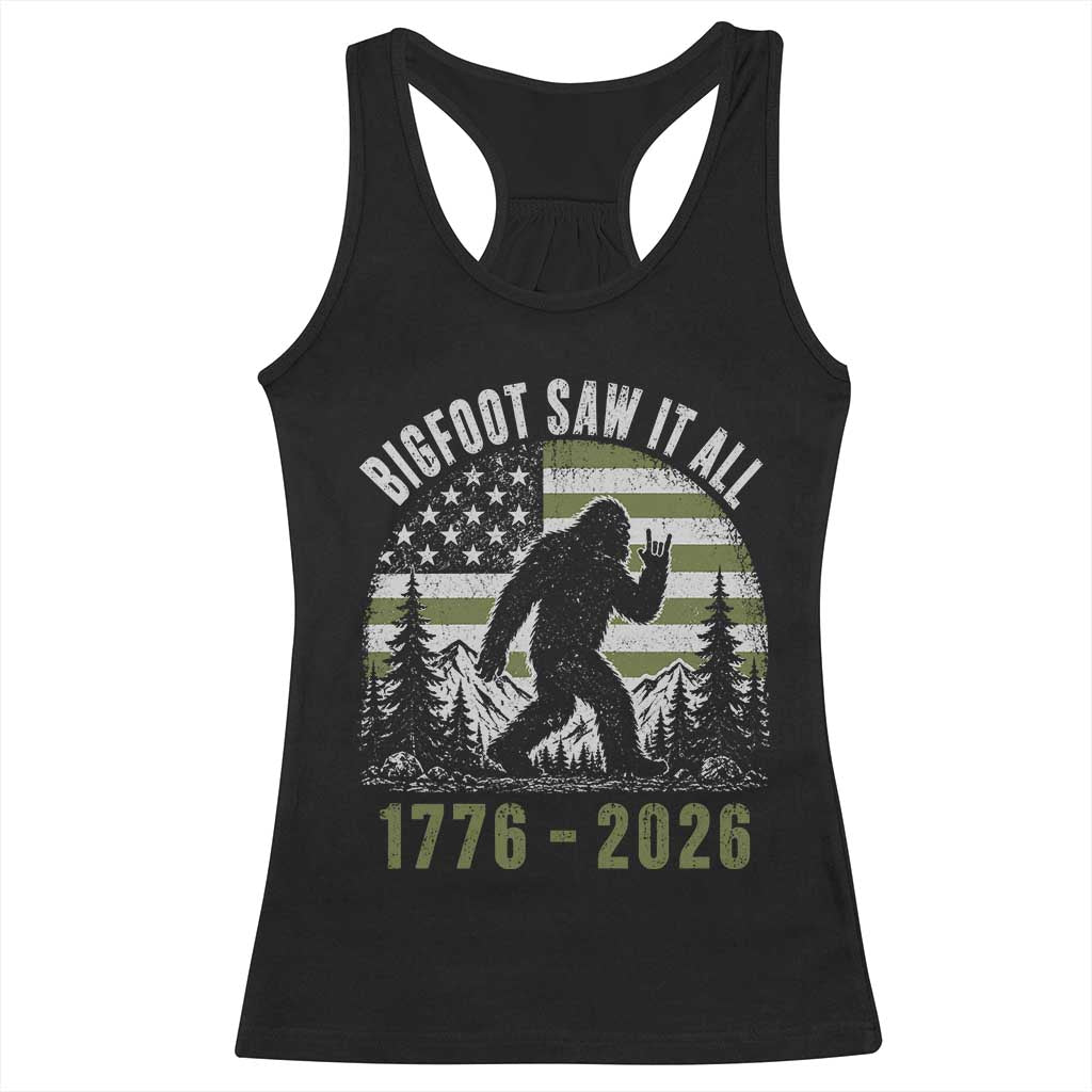 Retro Bigfoot Saw It All USA 250th Anniversary Racerback Tank Top 250 Years 1776 2026 4th of July Sasquatch Flag