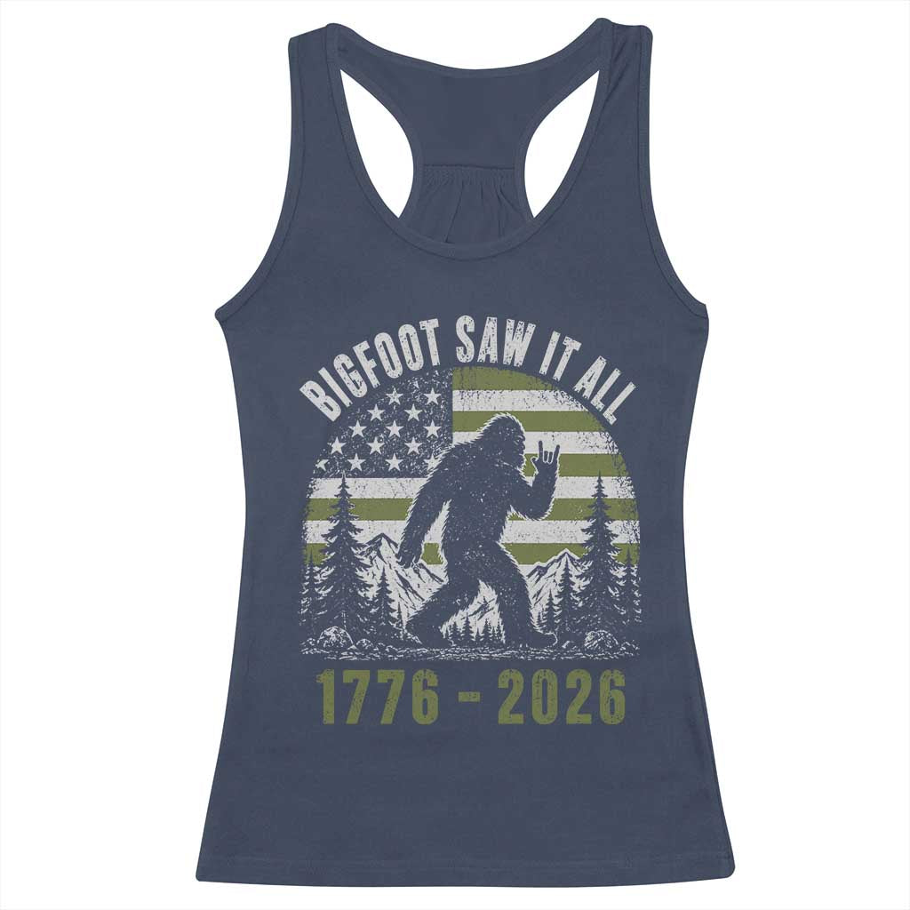 Retro Bigfoot Saw It All USA 250th Anniversary Racerback Tank Top 250 Years 1776 2026 4th of July Sasquatch Flag