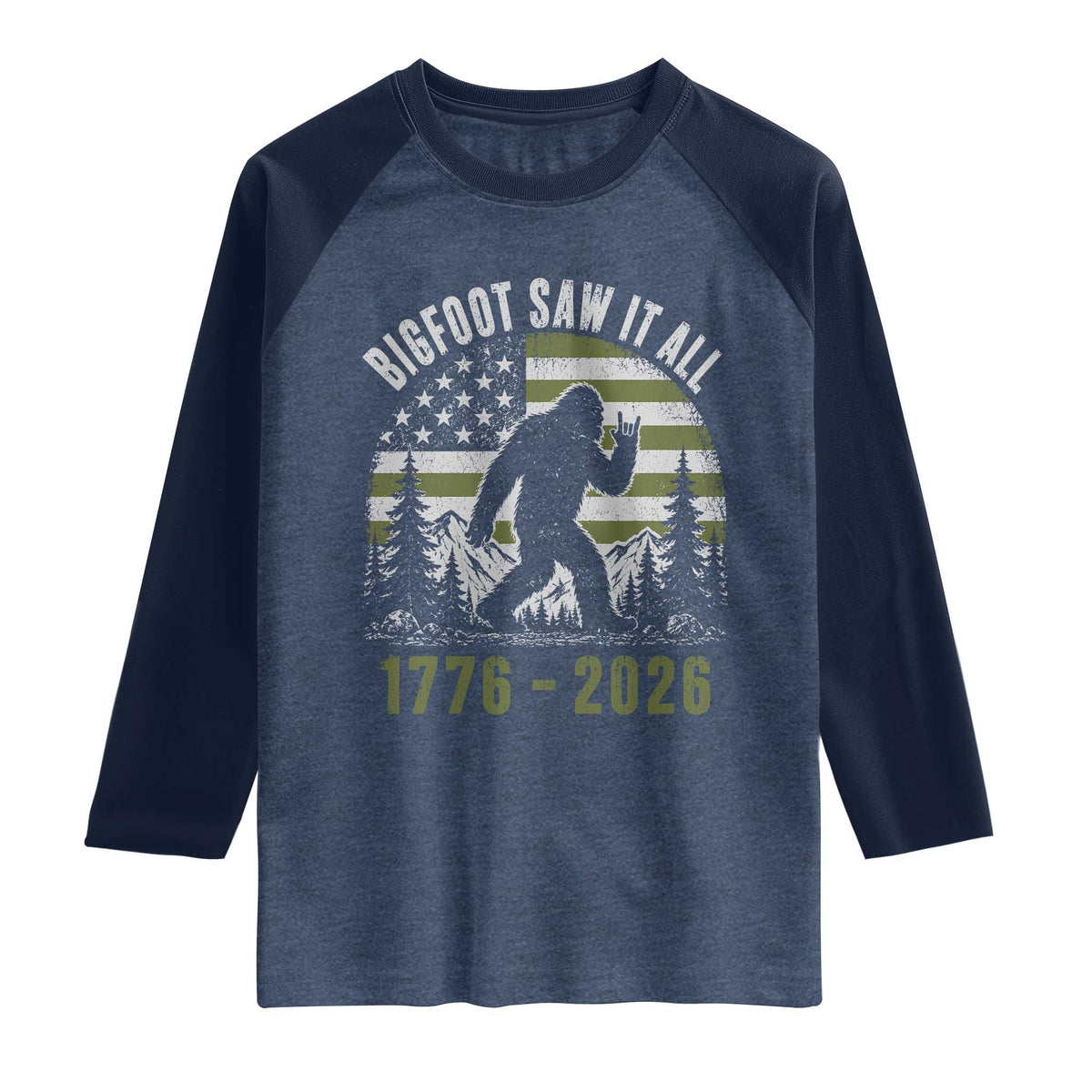 Retro Bigfoot Saw It All USA 250th Anniversary Raglan Shirt 250 Years 1776 2026 4th of July Sasquatch Flag