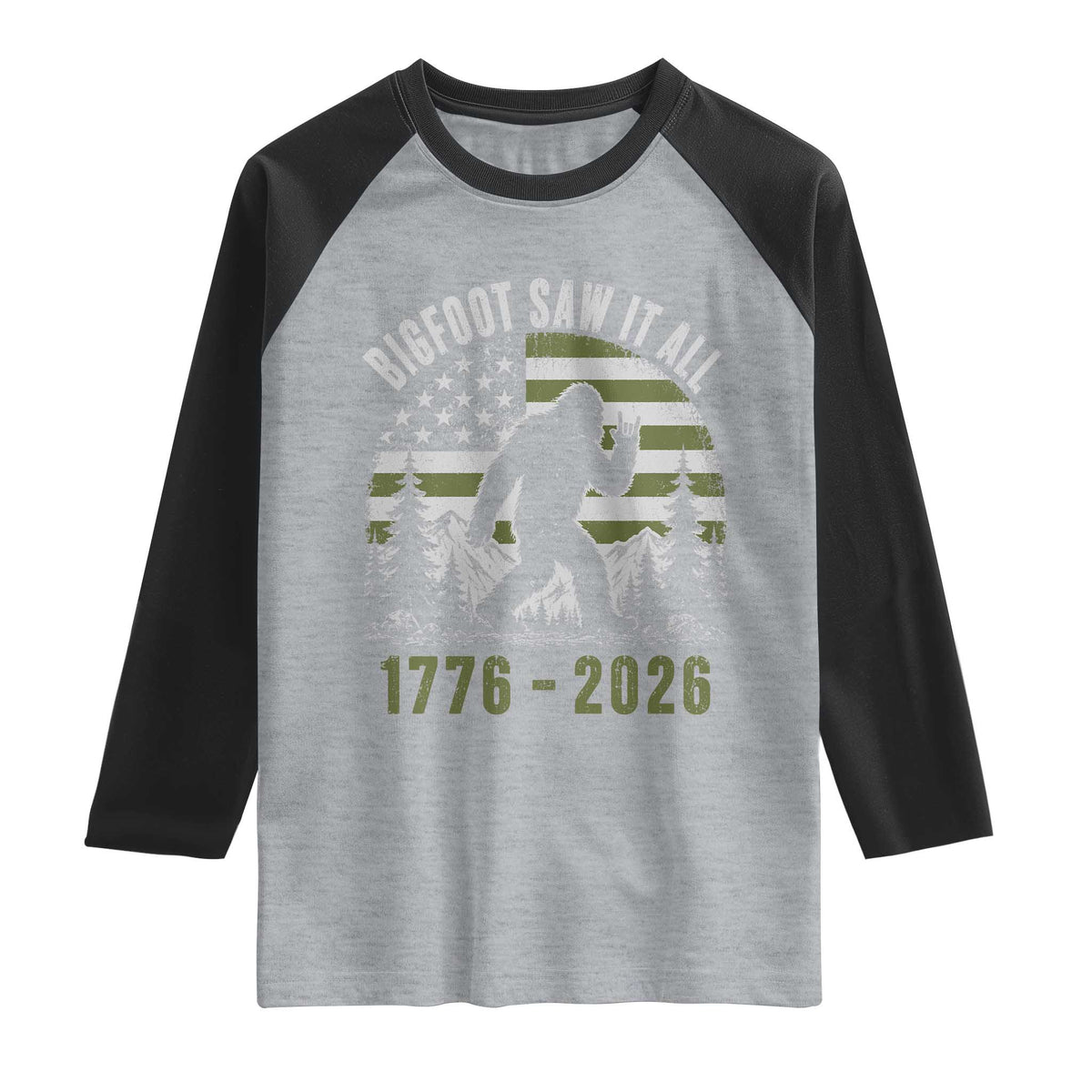 Retro Bigfoot Saw It All USA 250th Anniversary Raglan Shirt 250 Years 1776 2026 4th of July Sasquatch Flag