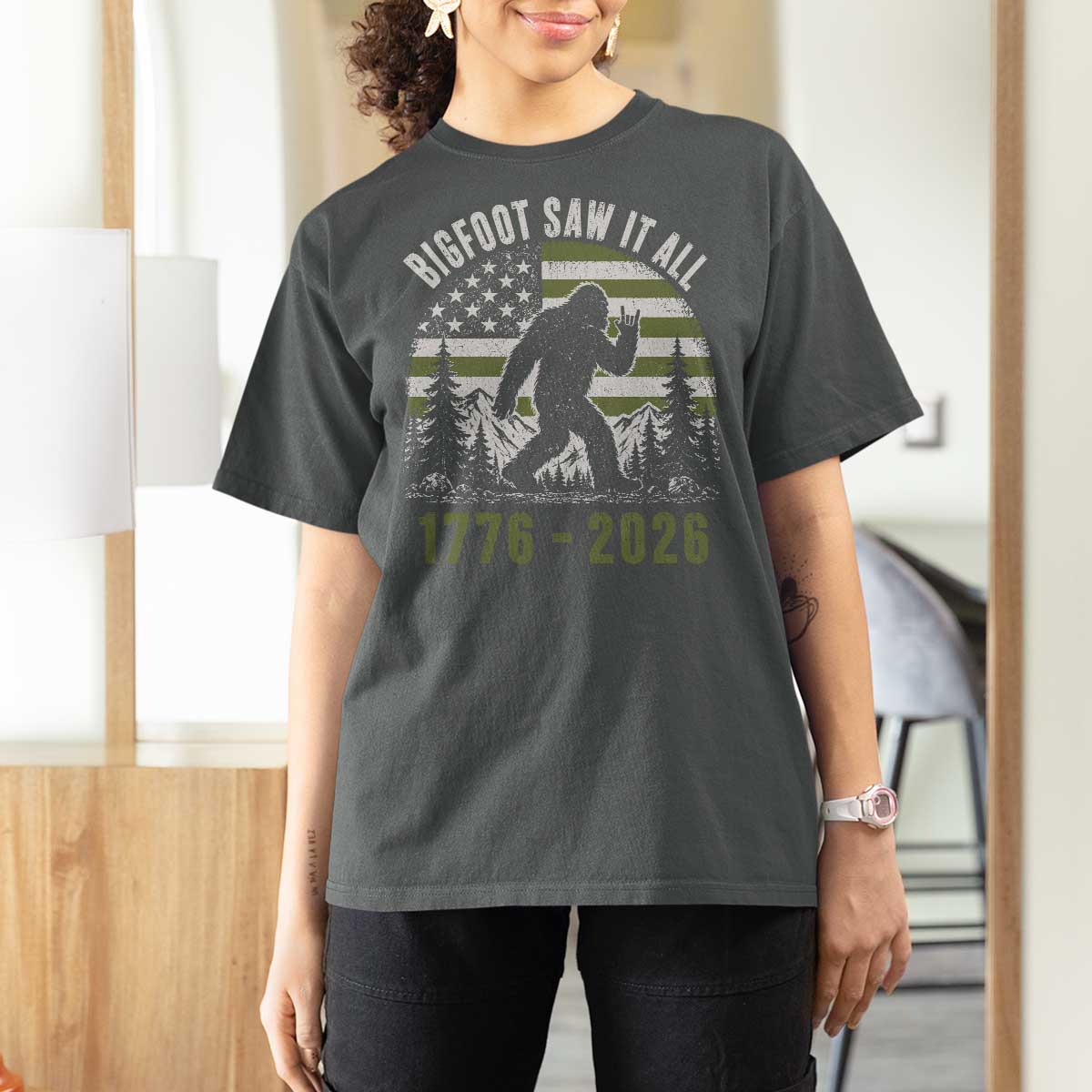 Retro Bigfoot Saw It All USA 250th Anniversary T Shirt For Women 250 Years 1776 2026 4th of July Sasquatch Flag