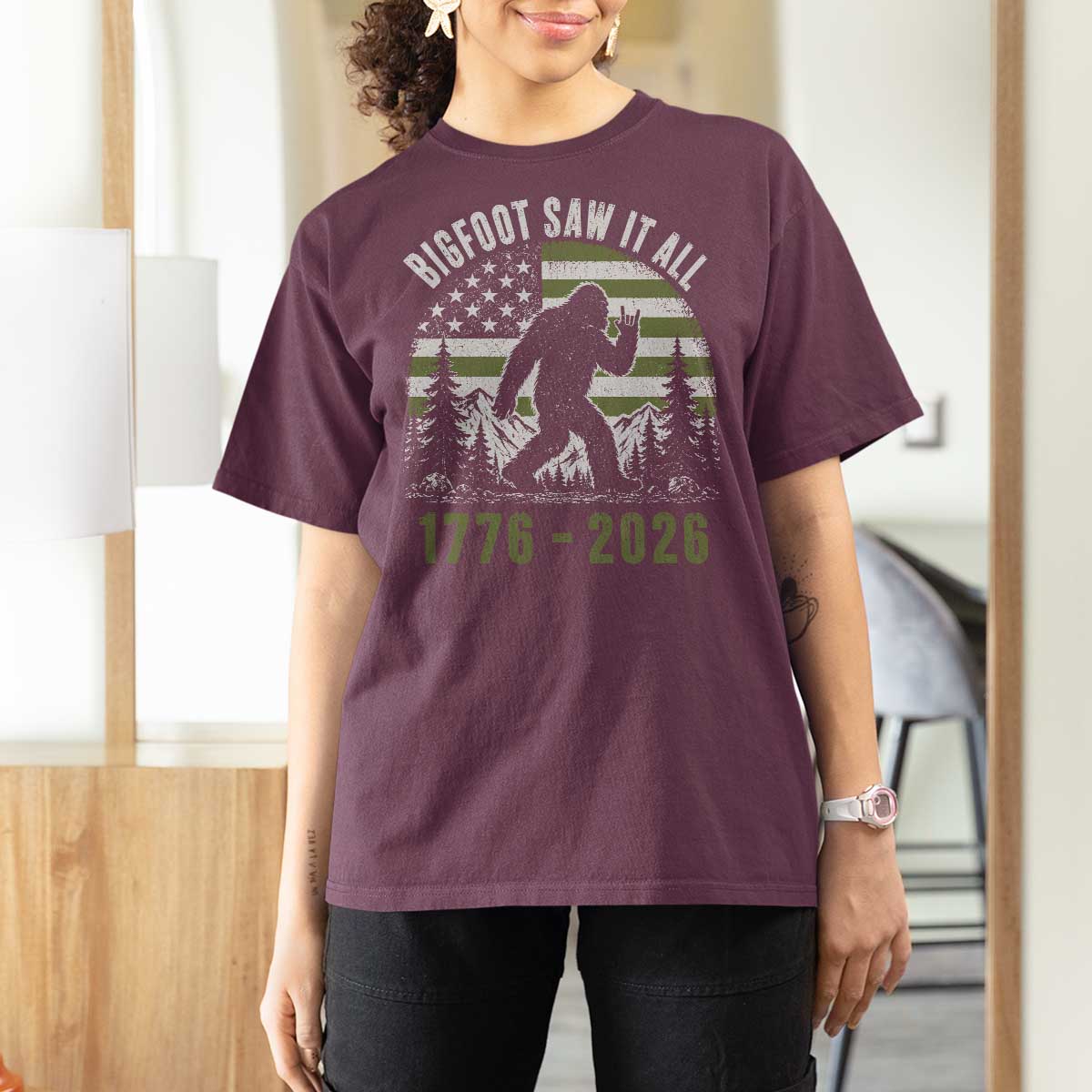 Retro Bigfoot Saw It All USA 250th Anniversary T Shirt For Women 250 Years 1776 2026 4th of July Sasquatch Flag