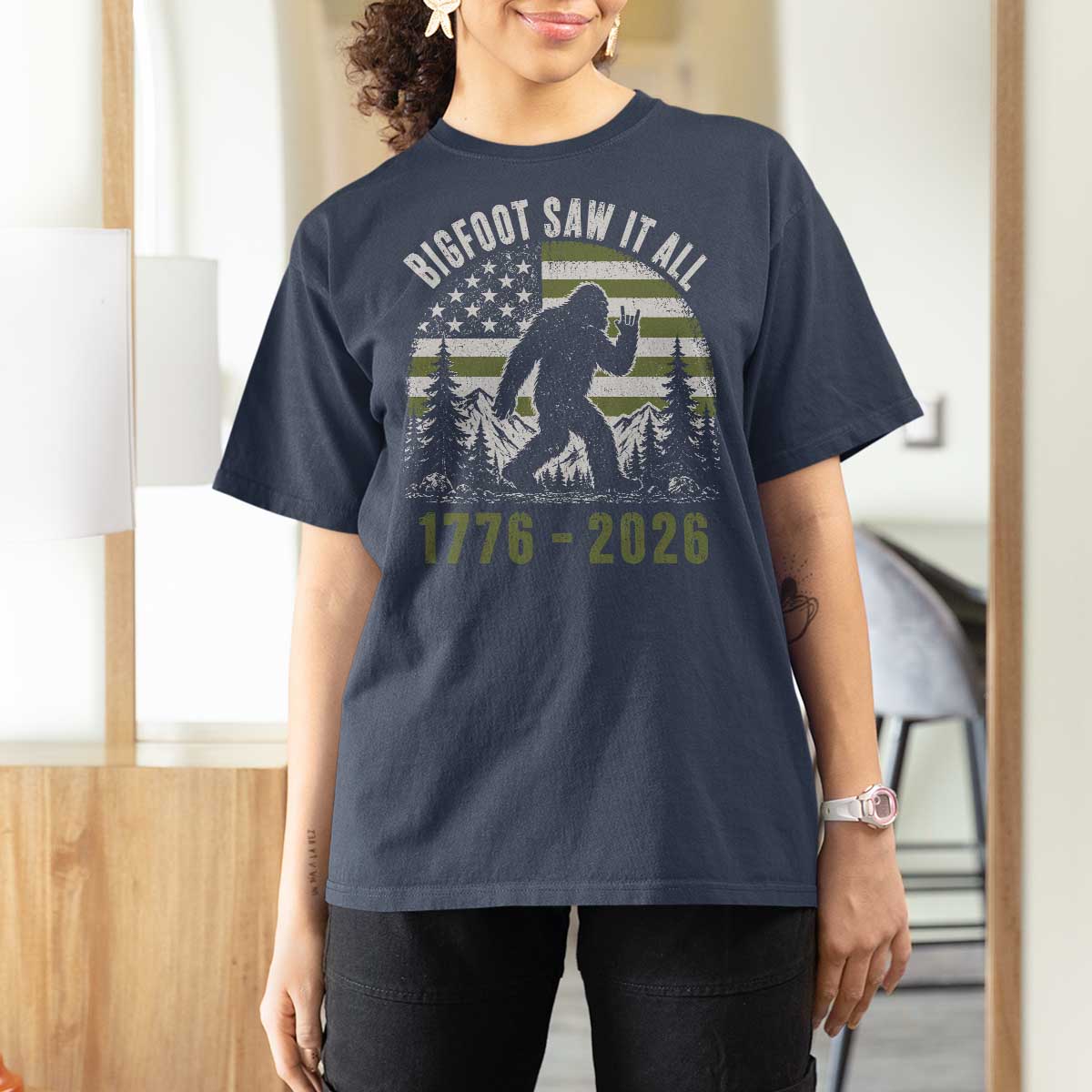 Retro Bigfoot Saw It All USA 250th Anniversary T Shirt For Women 250 Years 1776 2026 4th of July Sasquatch Flag