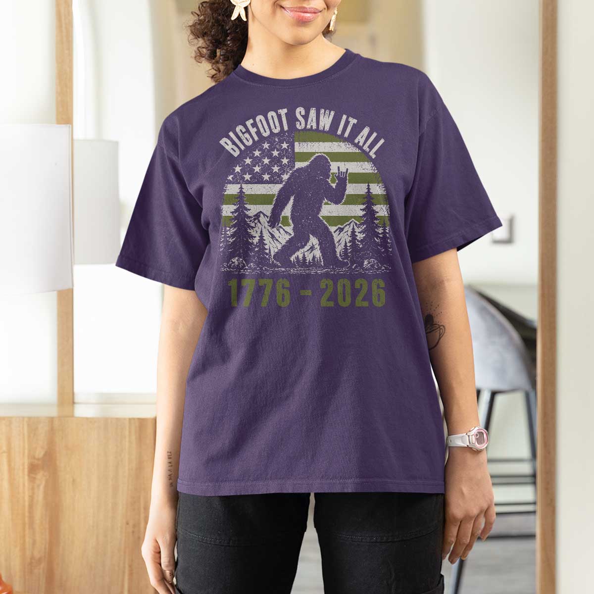 Retro Bigfoot Saw It All USA 250th Anniversary T Shirt For Women 250 Years 1776 2026 4th of July Sasquatch Flag