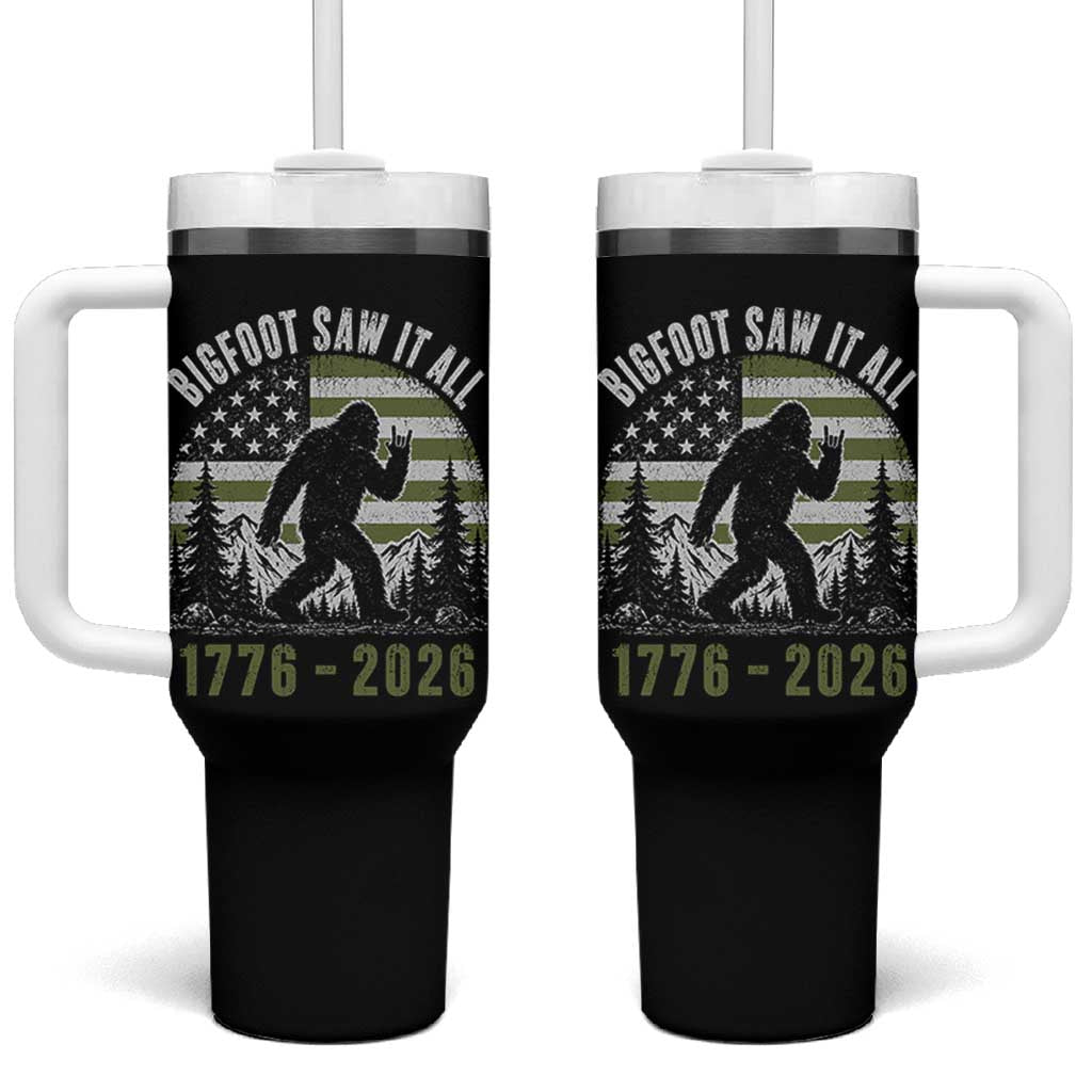 Retro Bigfoot Saw It All USA 250th Anniversary Tumbler With Handle 250 Years 1776 2026 4th of July Sasquatch Flag