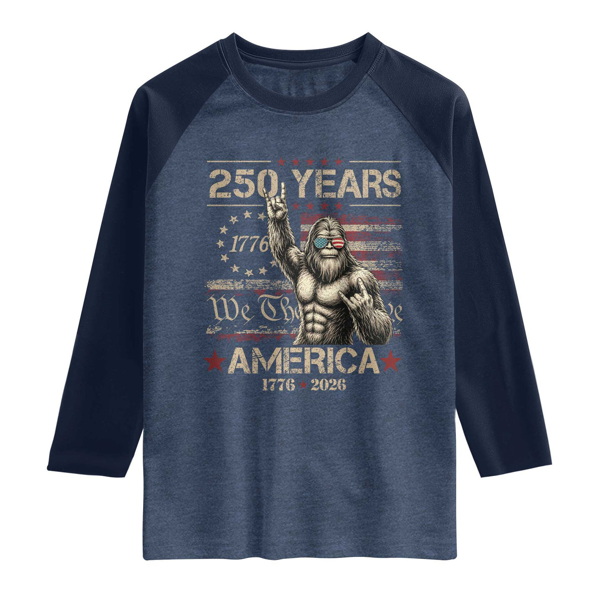 Bigfoot Sasquatch USA 250th Anniversary Raglan Shirt Retro 250 Years 1776 2026 4th of July Independence Day