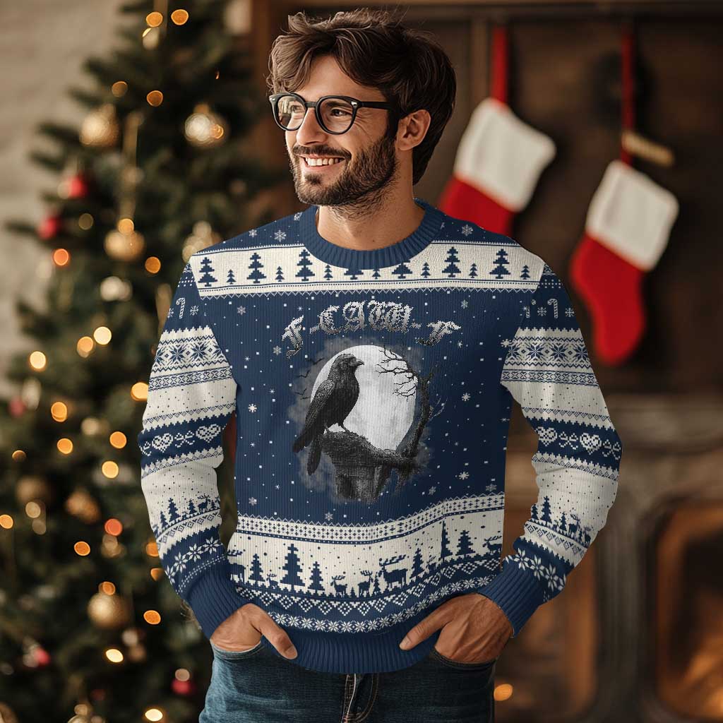 Black Crow F-Caw-F Ugly Christmas Sweater Funny Raven Moon Gothic Adult Humor - Wonder Print Shop