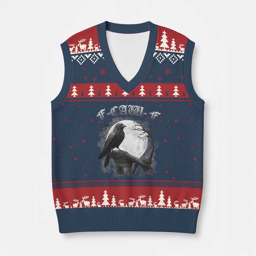 Black Crow F-Caw-F V-Neck Knit Sweater Vest Funny Raven Moon Gothic Adult Humor - Wonder Print Shop