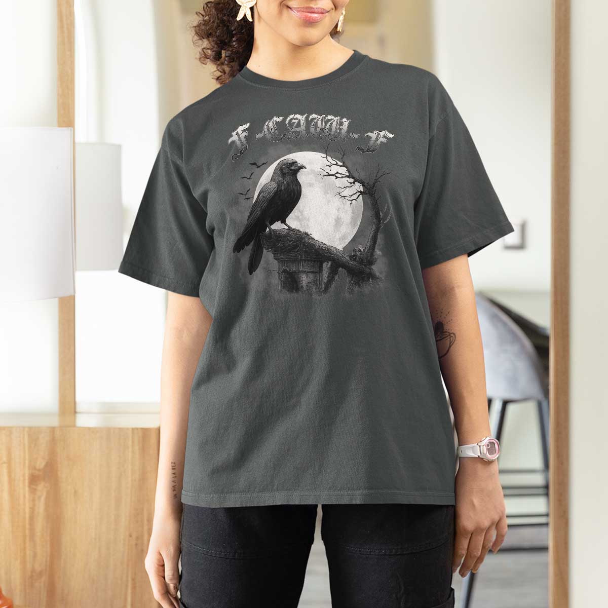 Black Crow F-Caw-F T Shirt For Women Funny Raven Moon Gothic Adult Humor - Wonder Print Shop