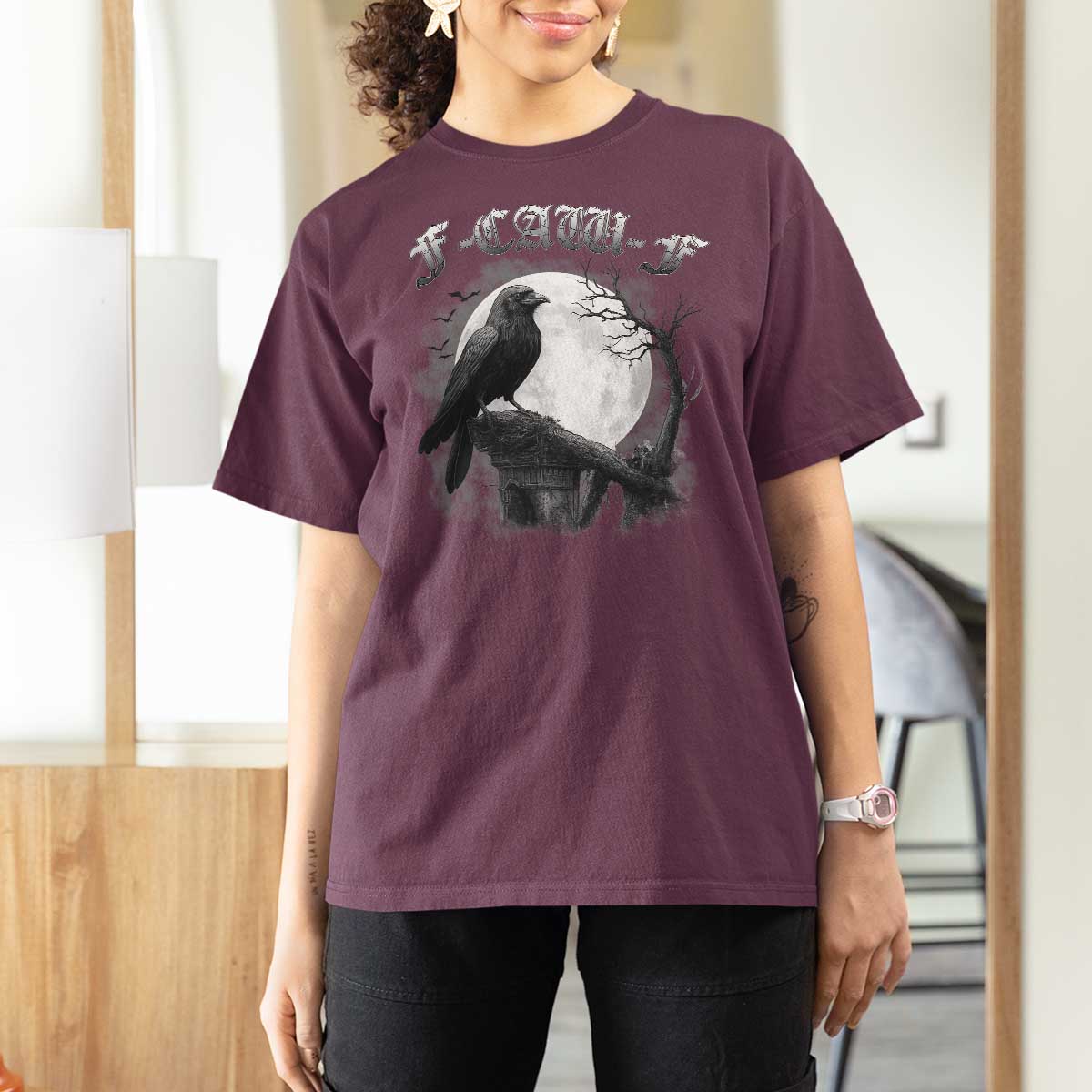 Black Crow F-Caw-F T Shirt For Women Funny Raven Moon Gothic Adult Humor - Wonder Print Shop