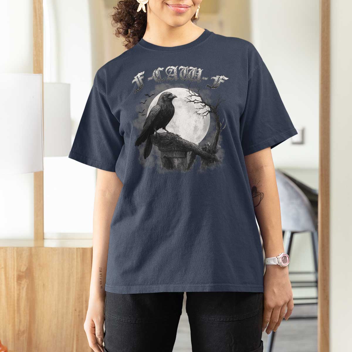 Black Crow F-Caw-F T Shirt For Women Funny Raven Moon Gothic Adult Humor - Wonder Print Shop