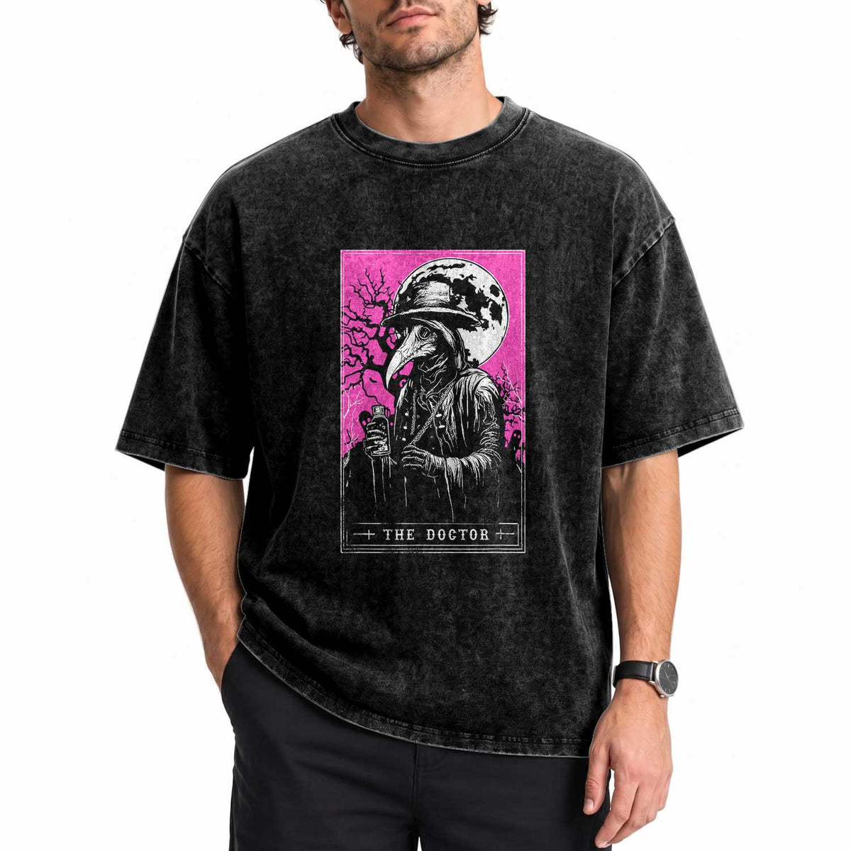 Plague Doctor Tarot Card Washed Cotton T-Shirt Mysterious Horror Death Occult Satanic