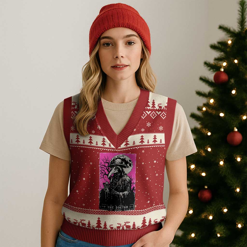 Plague Doctor Tarot Card V-Neck Knit Sweater Vest Mysterious Horror Death Occult Satanic - Wonder Print Shop