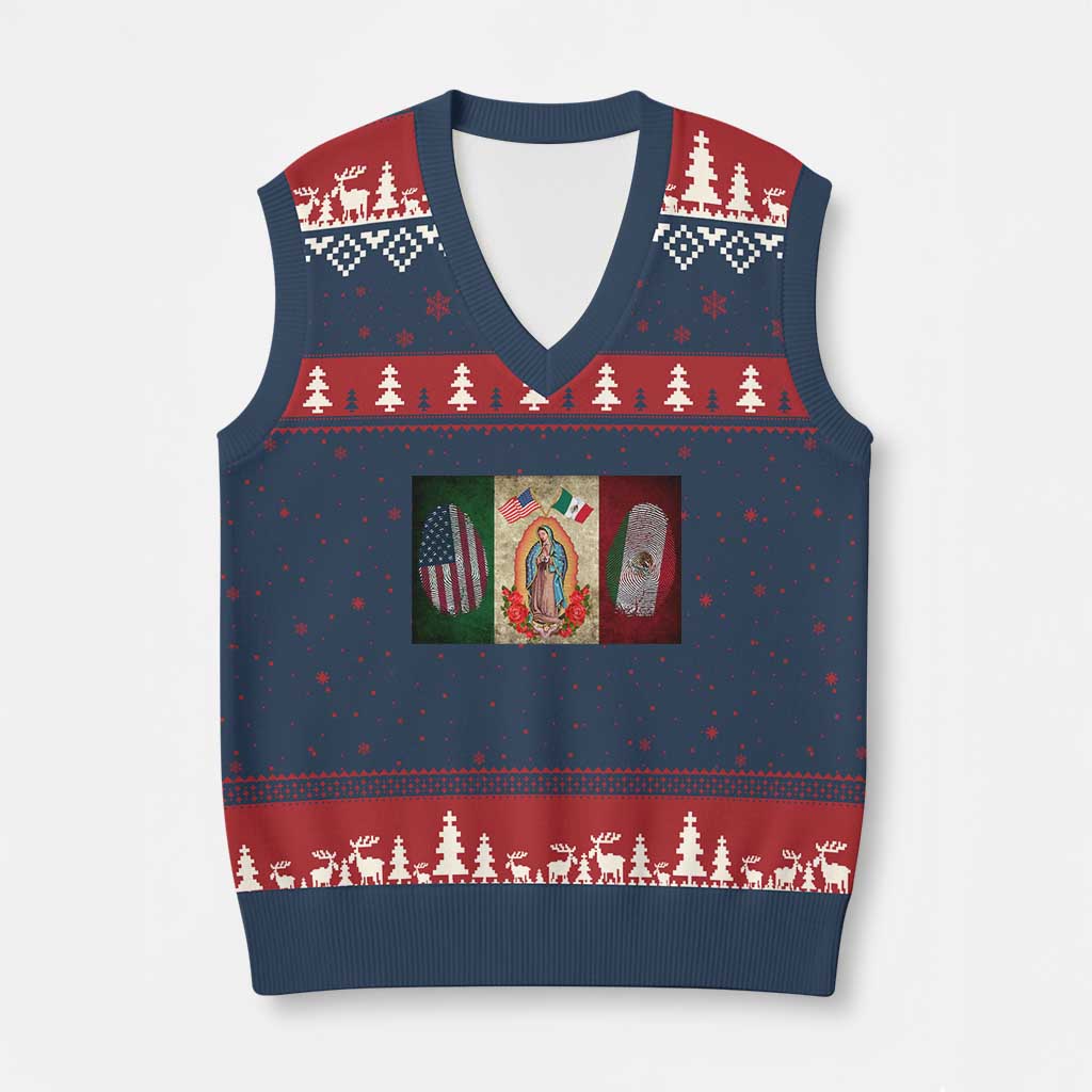 Mexico Flag V-Neck Knit Sweater Vest Virgin Mary Mexican American Patriotic Mexican Roots - Wonder Print Shop