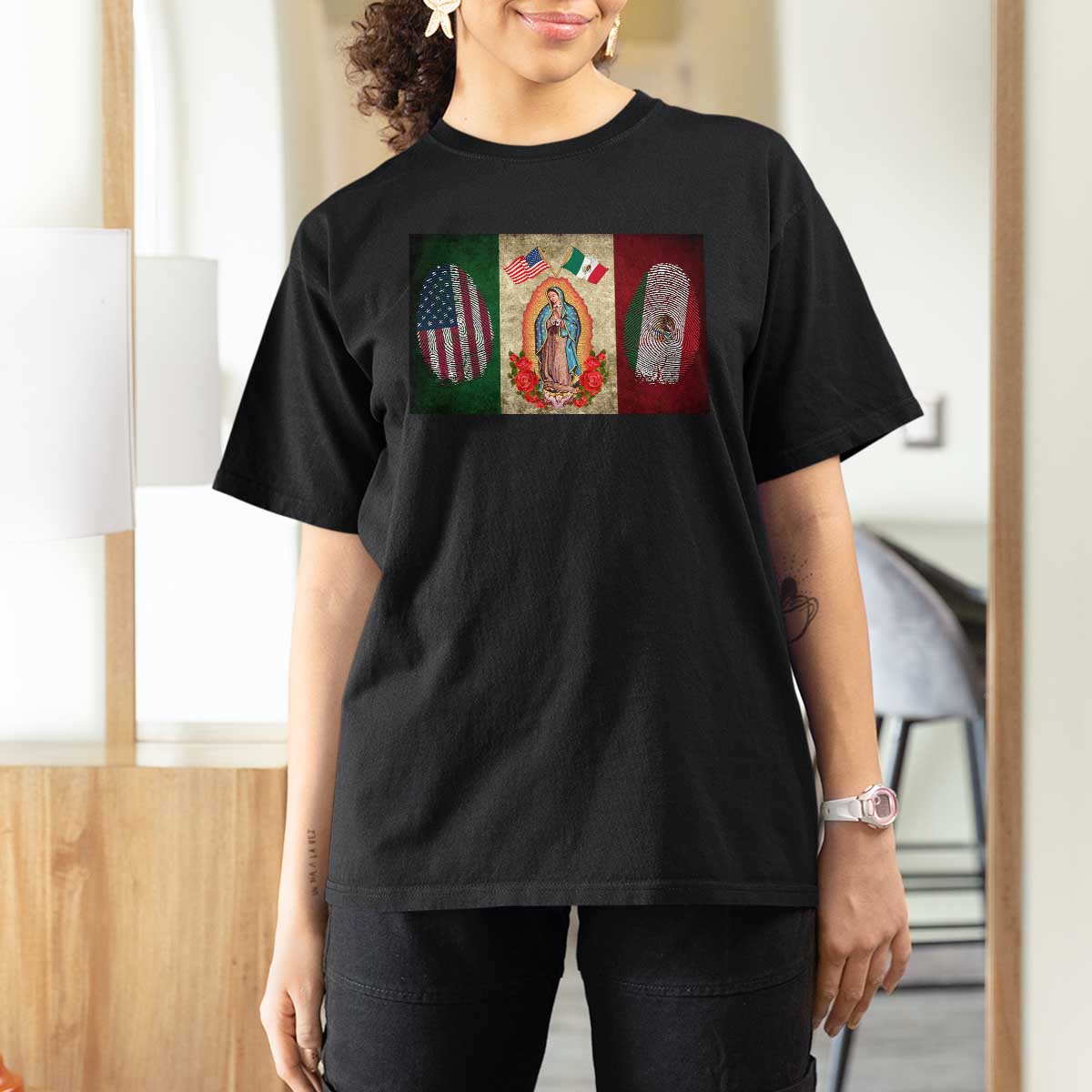 Mexico Flag T Shirt For Women Virgin Mary Mexican American Patriotic Mexican Roots - Wonder Print Shop