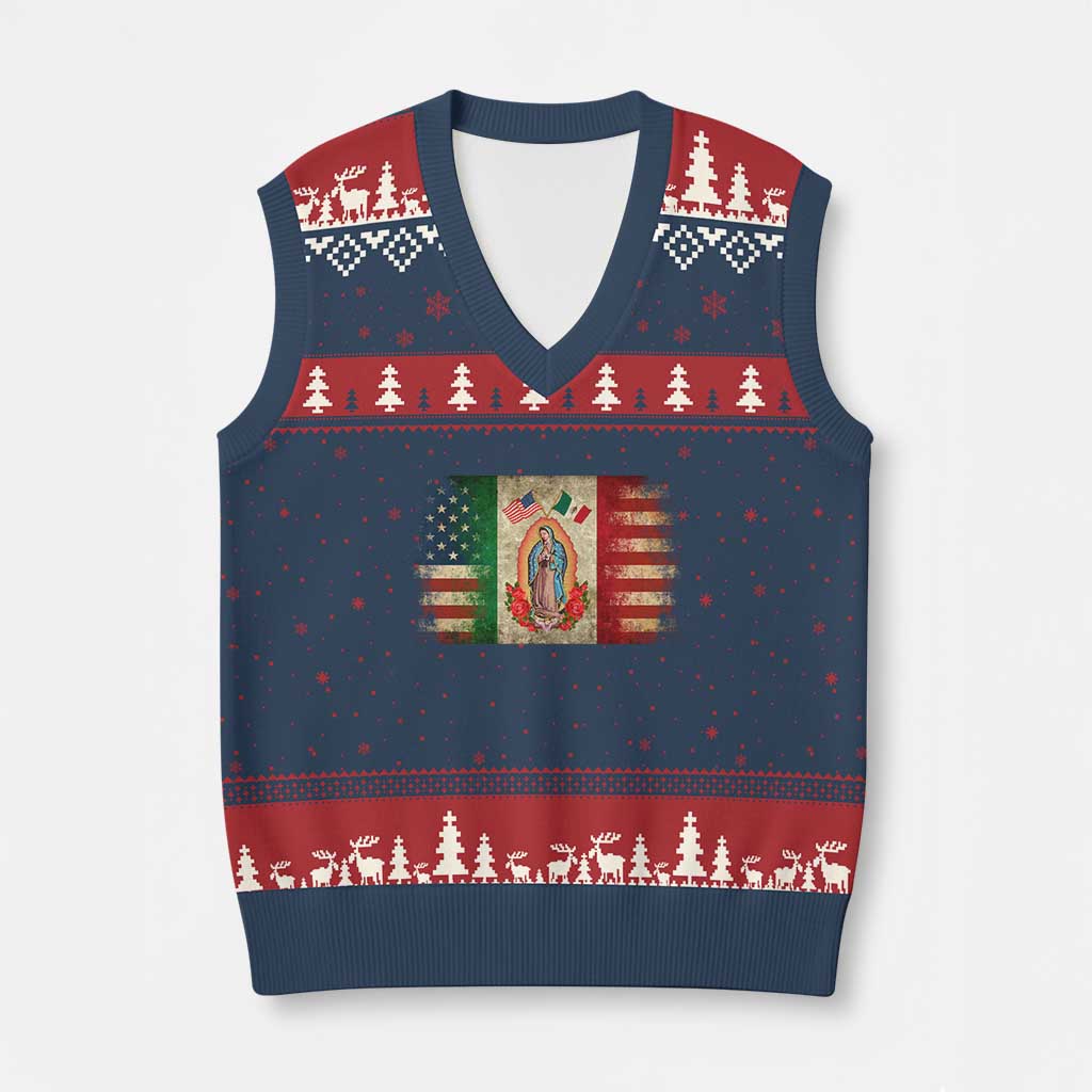 American Mexican Flag V-Neck Knit Sweater Vest Virgin Mary Mexico Heritage Mexican Roots - Wonder Print Shop