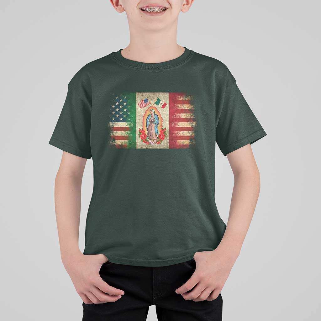 American Mexican Flag T Shirt For Kid Virgin Mary Mexico Heritage Mexican Roots - Wonder Print Shop
