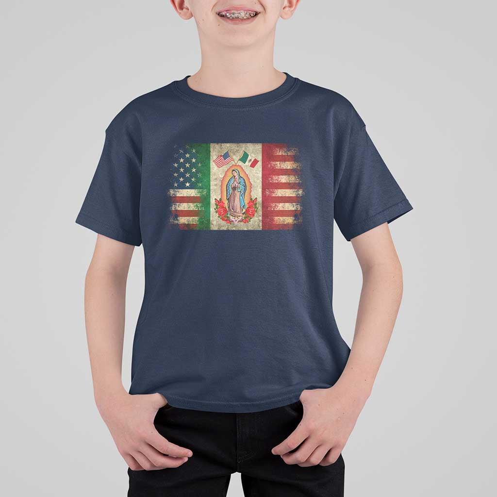 American Mexican Flag T Shirt For Kid Virgin Mary Mexico Heritage Mexican Roots - Wonder Print Shop