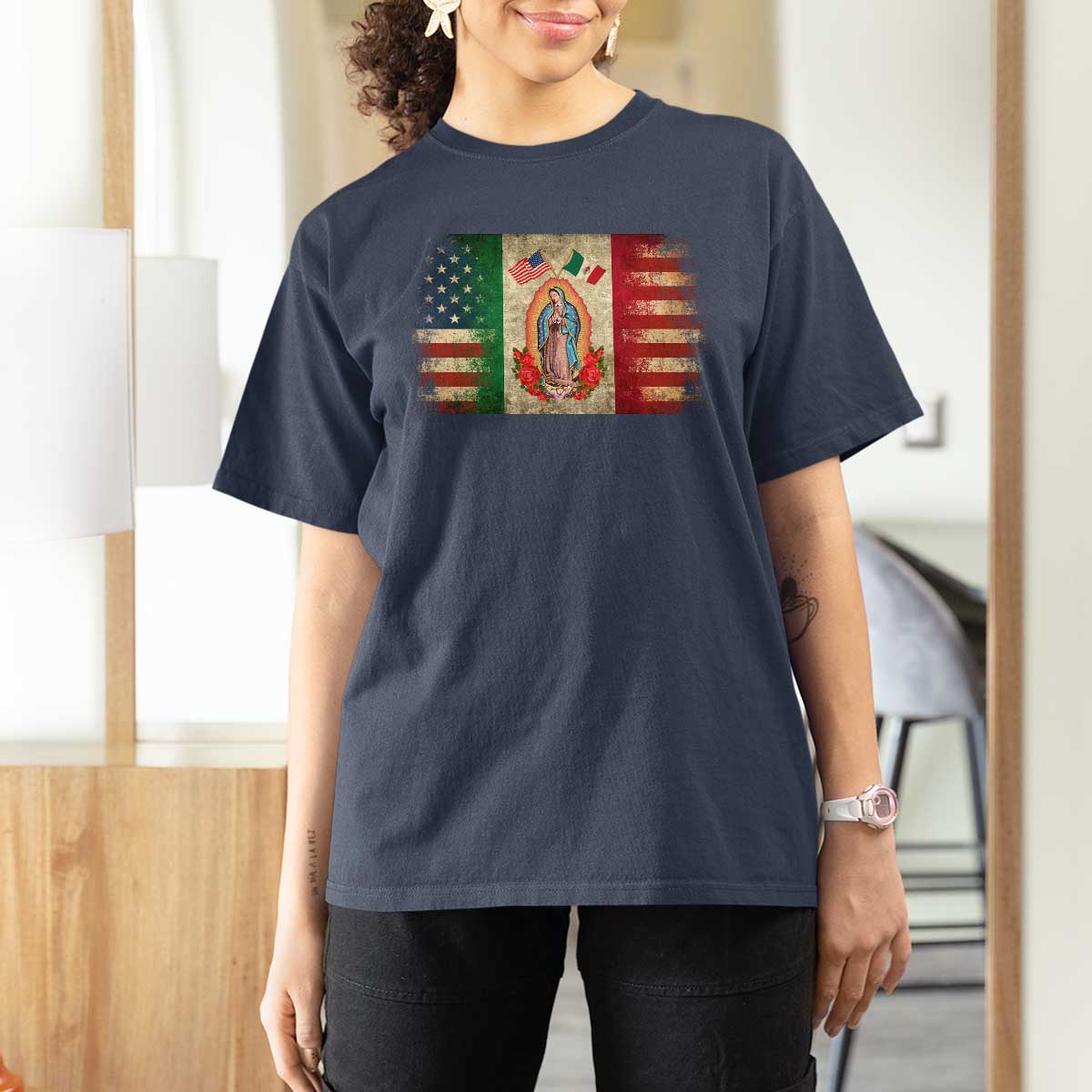 American Mexican Flag T Shirt For Women Virgin Mary Mexico Heritage Mexican Roots - Wonder Print Shop