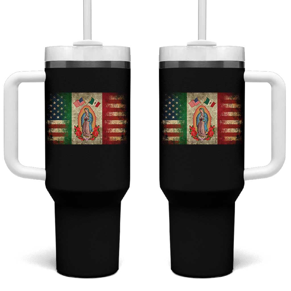 American Mexican Flag Tumbler With Handle Virgin Mary Mexico Heritage Mexican Roots - Wonder Print Shop
