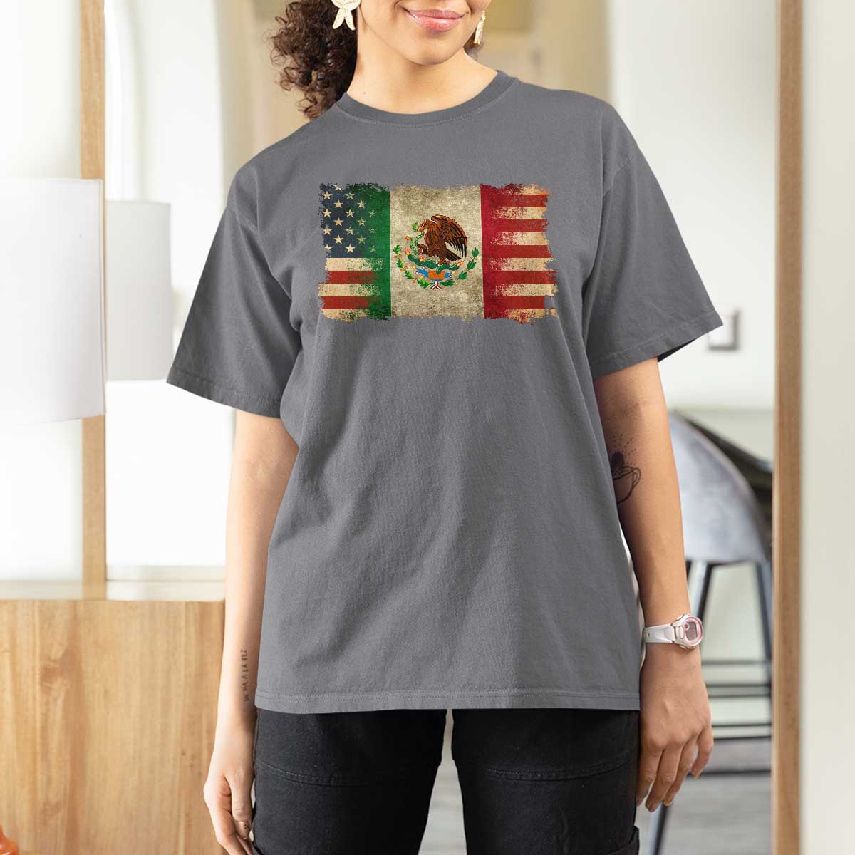 American Mexican Flag T Shirt For Women Mexico Heritage Mexican Roots - Wonder Print Shop