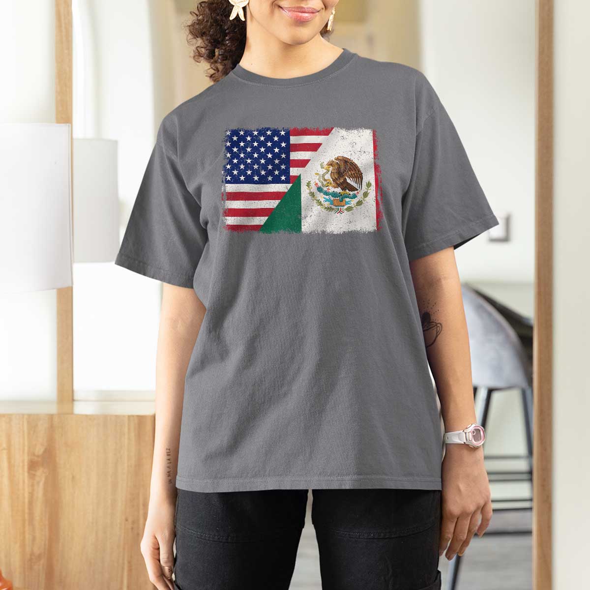 American Mexican Flag T Shirt For Women Mexico Heritage Half Mexican Roots - Wonder Print Shop