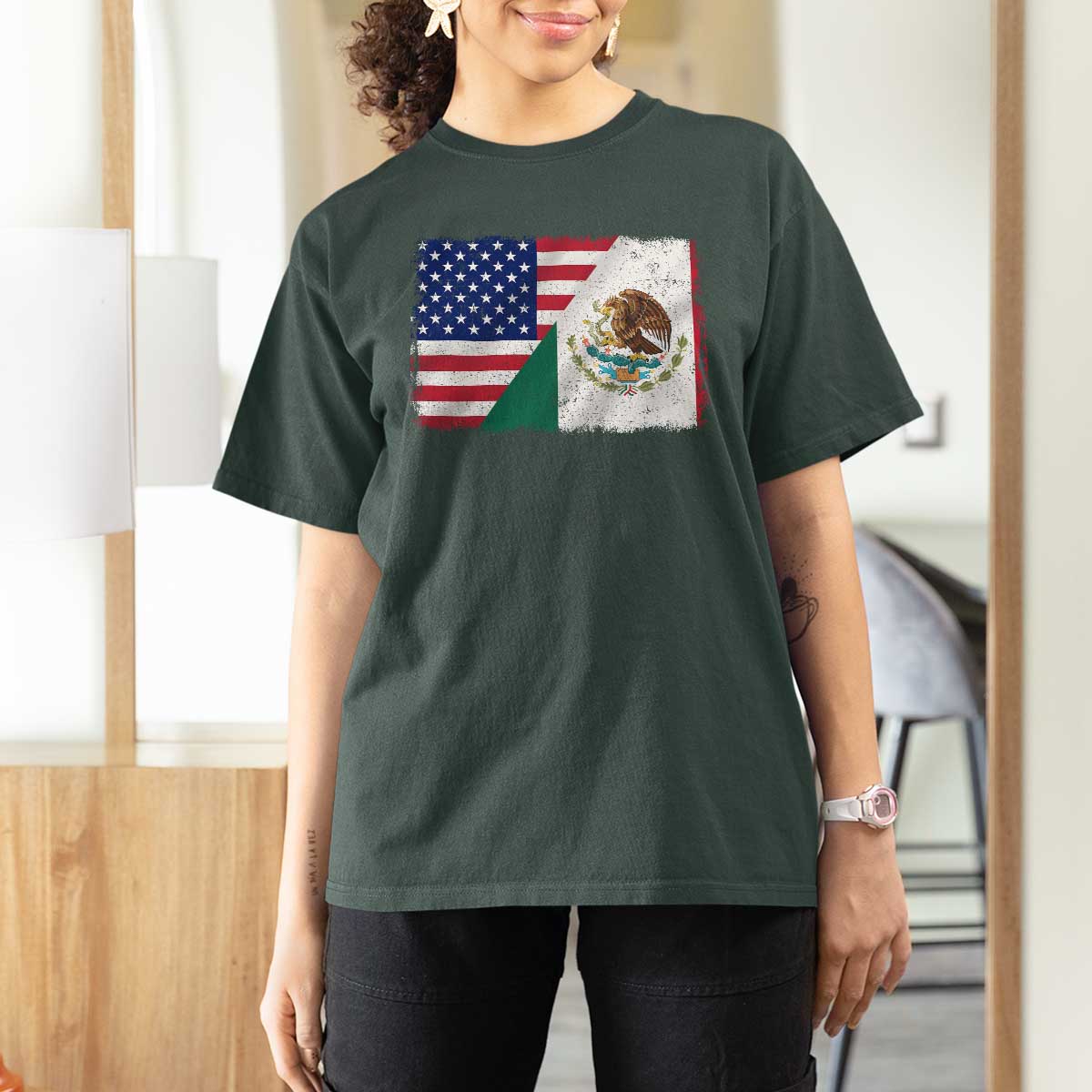 American Mexican Flag T Shirt For Women Mexico Heritage Half Mexican Roots - Wonder Print Shop
